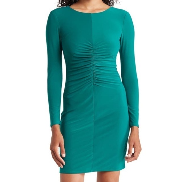 Vince Camuto long sleeve bodycon dress emerald green size 14 ruched front - Picture 1 of 11